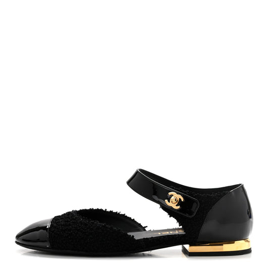 Tweed Patent Cap Toe Ballerina Flats Black