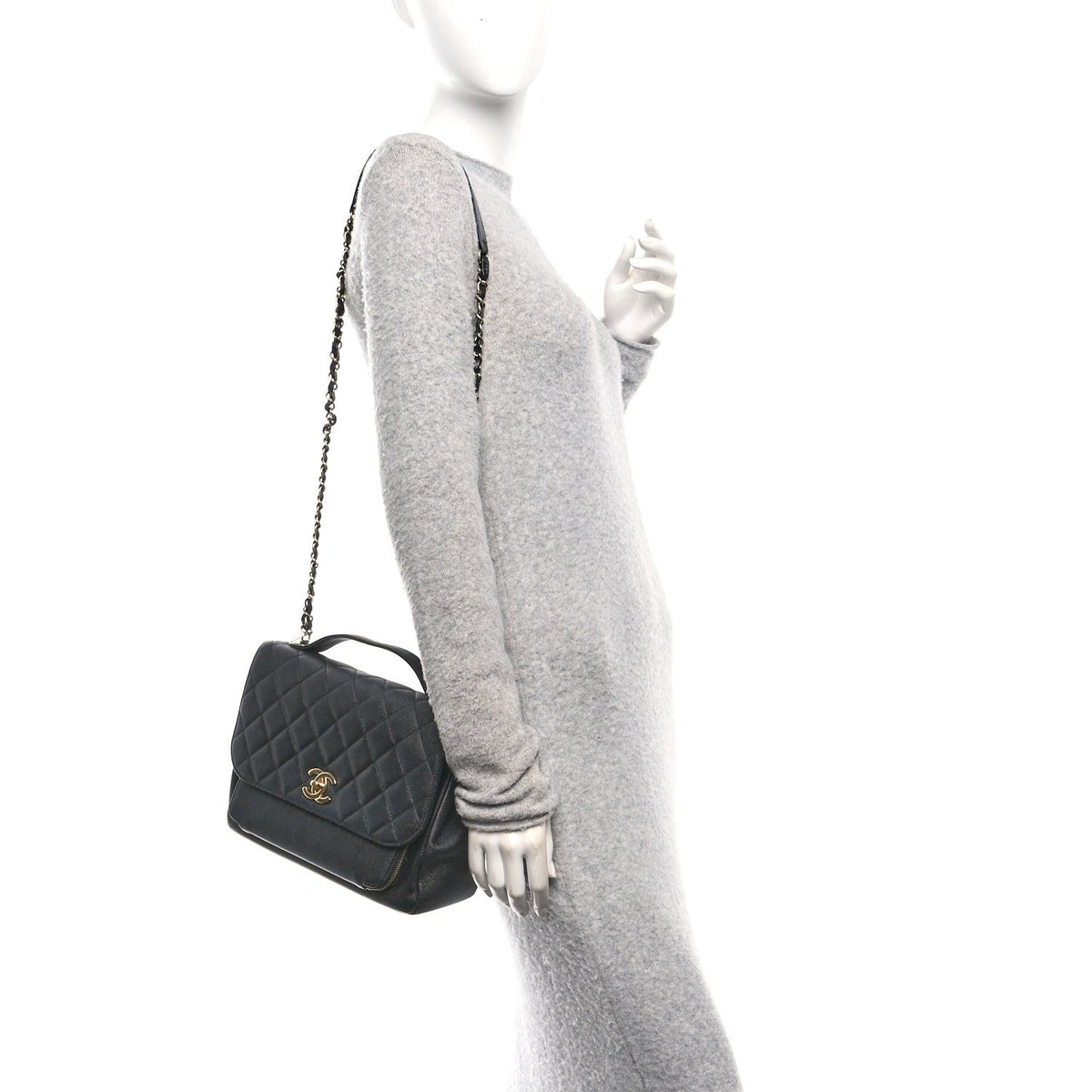 Large Quilted Caviar Flap Shoulder Bag - Black