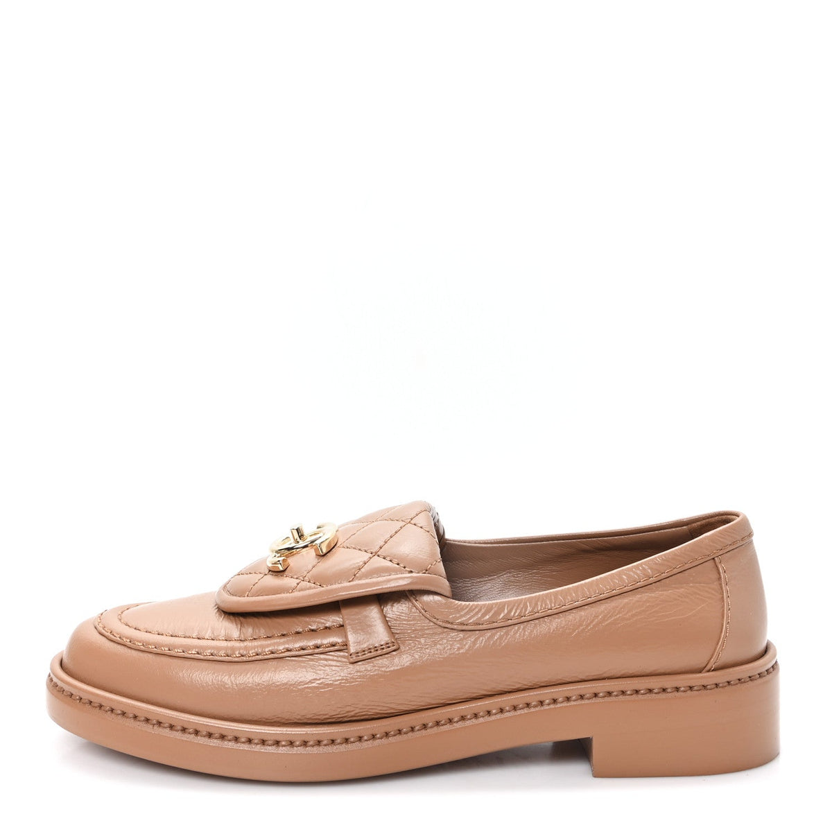 Crumpled Lambskin Quilted CC Turnlock Moccasins Dark Beige