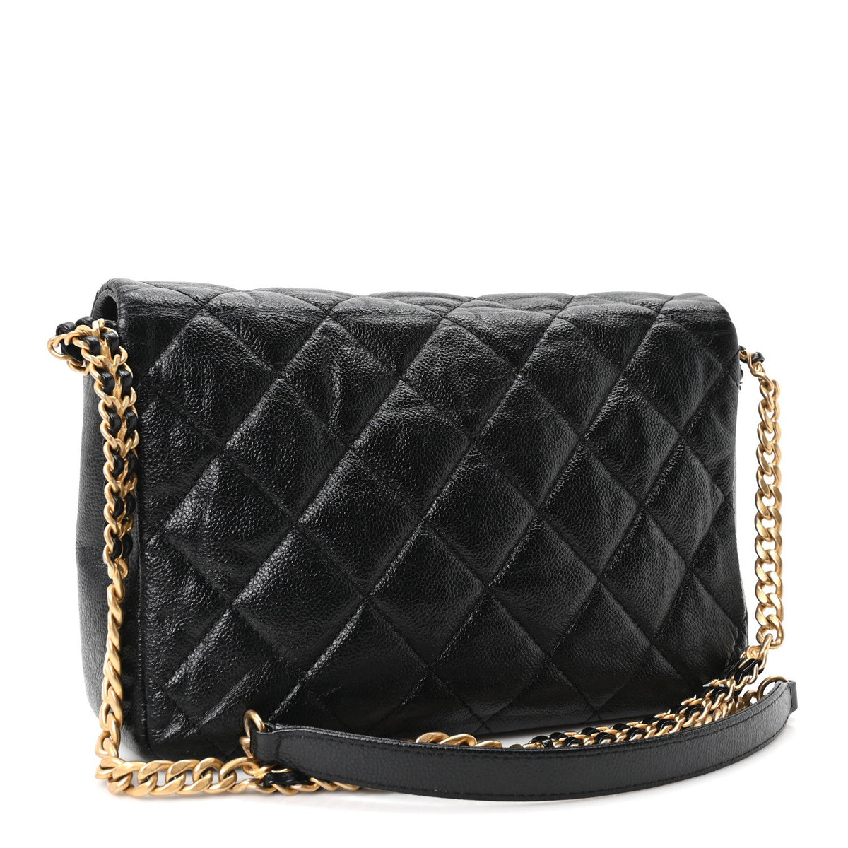 Large Quilted Caviar Flap Shoulder Bag - Black