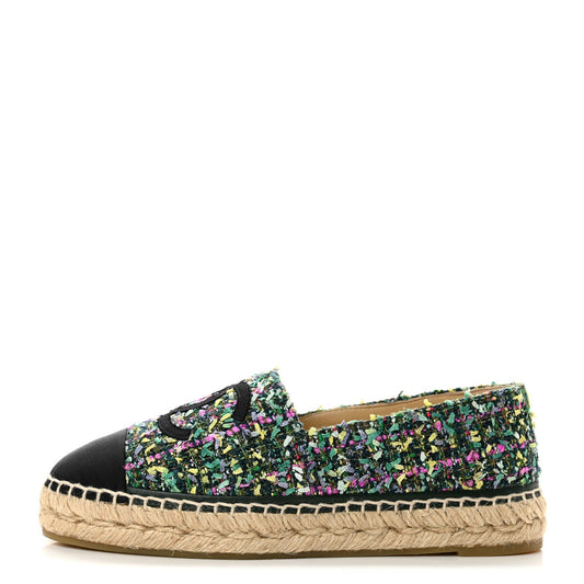 Tweed Grosgrain CC Espadrilles Green Pink Yellow Black