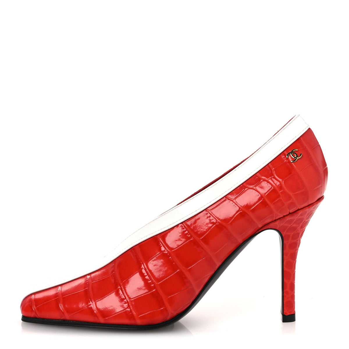Crocodile Embossed Patent Calfskin Pumps Coral White