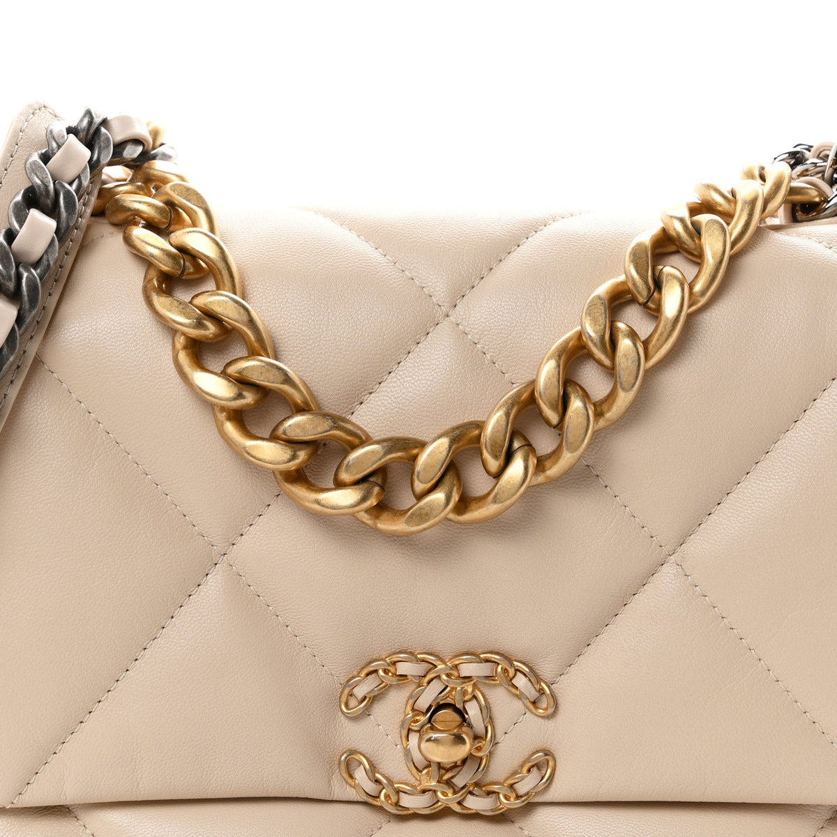 Large Quilted Goatskin Flap Shoulder Bag - Beige