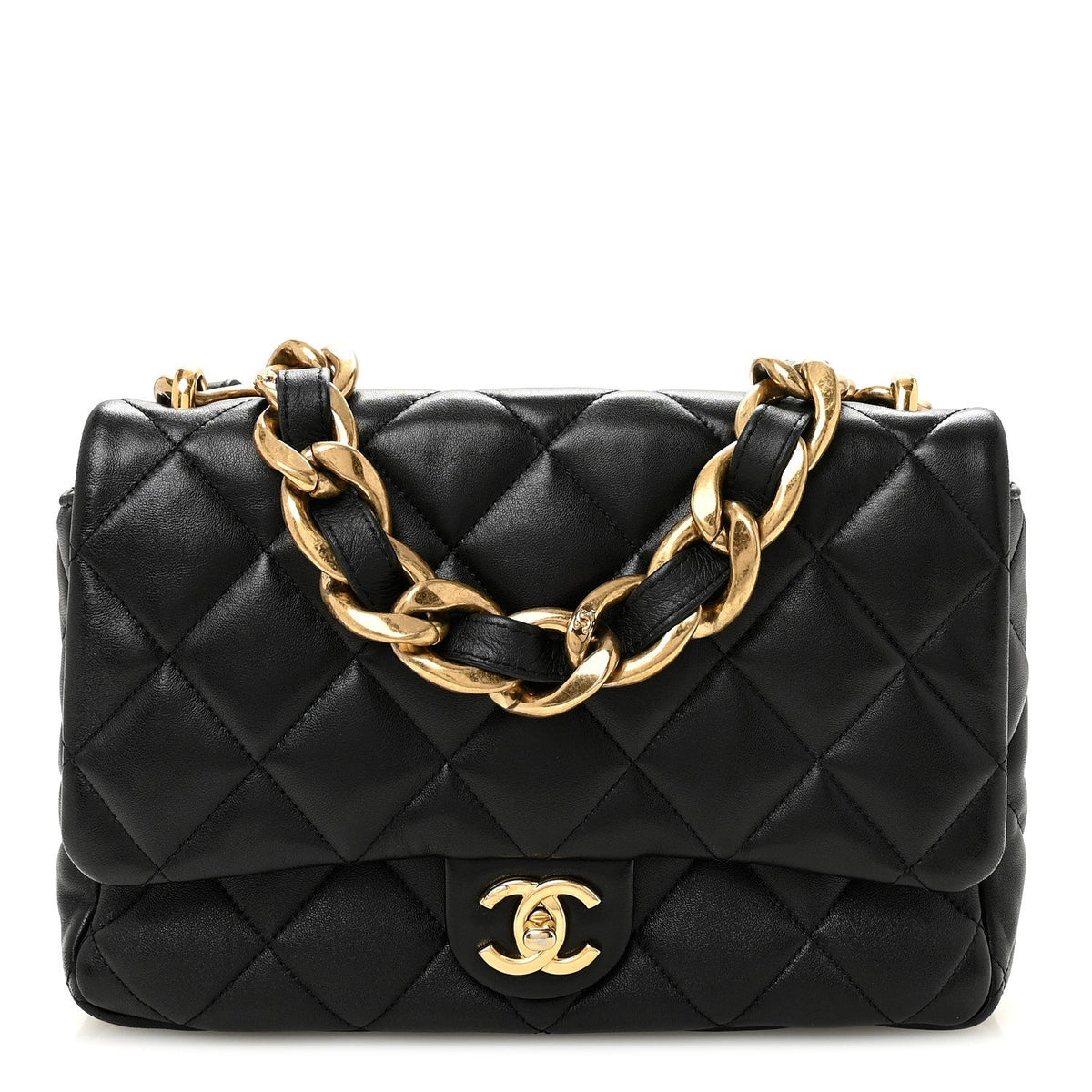 Large Quilted Lambskin Flap Shoulder Bag - Black