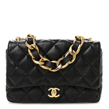 Large Quilted Lambskin Flap Shoulder Bag - Black
