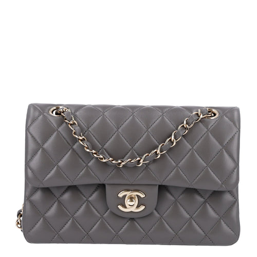 Small Quilted Lambskin Flap Shoulder Bag - Grey