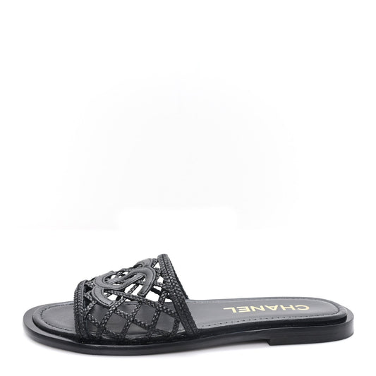 Lambskin Crochet CC Mules Sandals Black