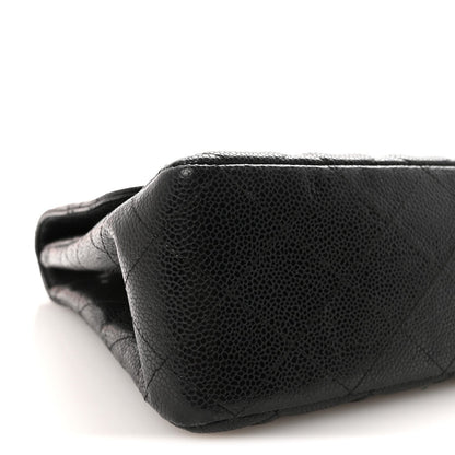 Quilted Caviar Flap Shoulder Bag - Black