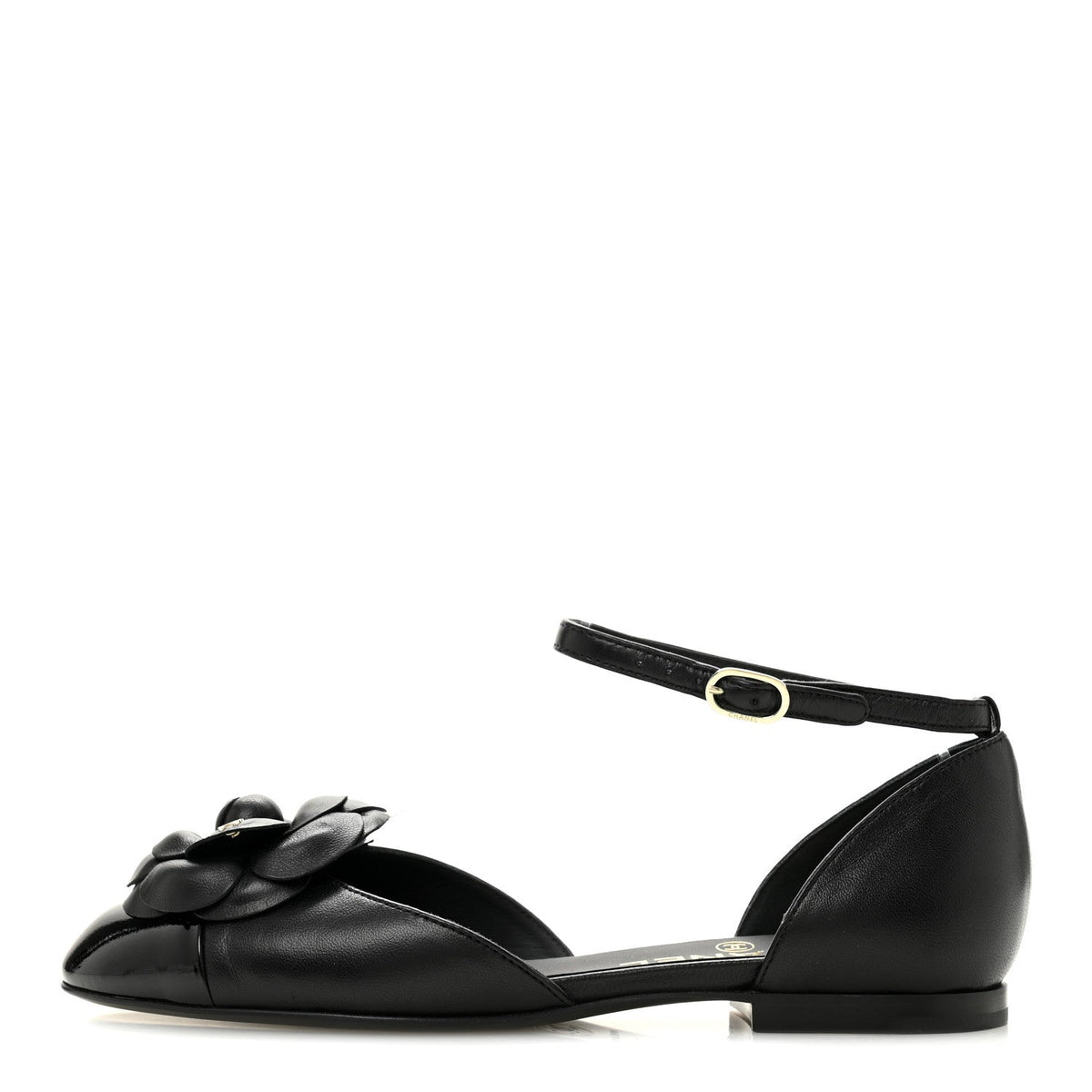 Lambskin Patent Calfskin Cap Toe Camellia Mary Jane Flats Black