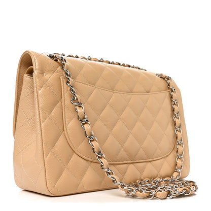 Quilted Caviar Flap Shoulder Bag - Beige