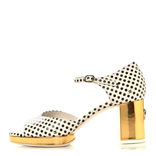 Printed Calfskin Polka Dot CC Platform Sandals Ivory Black