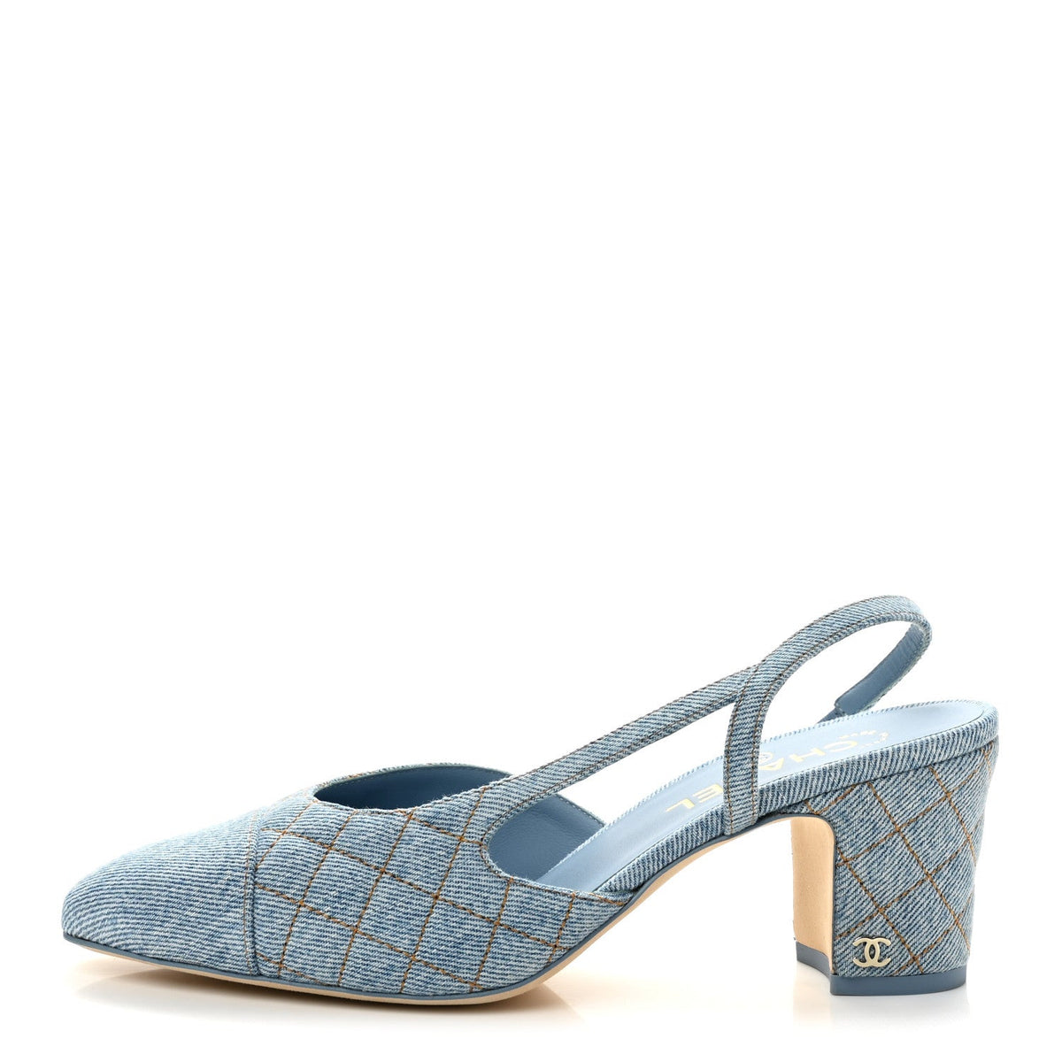 Denim Quilted Cap Toe Slingback Pumps Light Blue