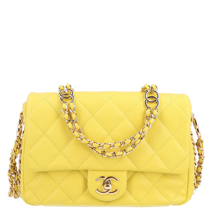 Mini Quilted Caviar Flap Shoulder Bag - Yellow