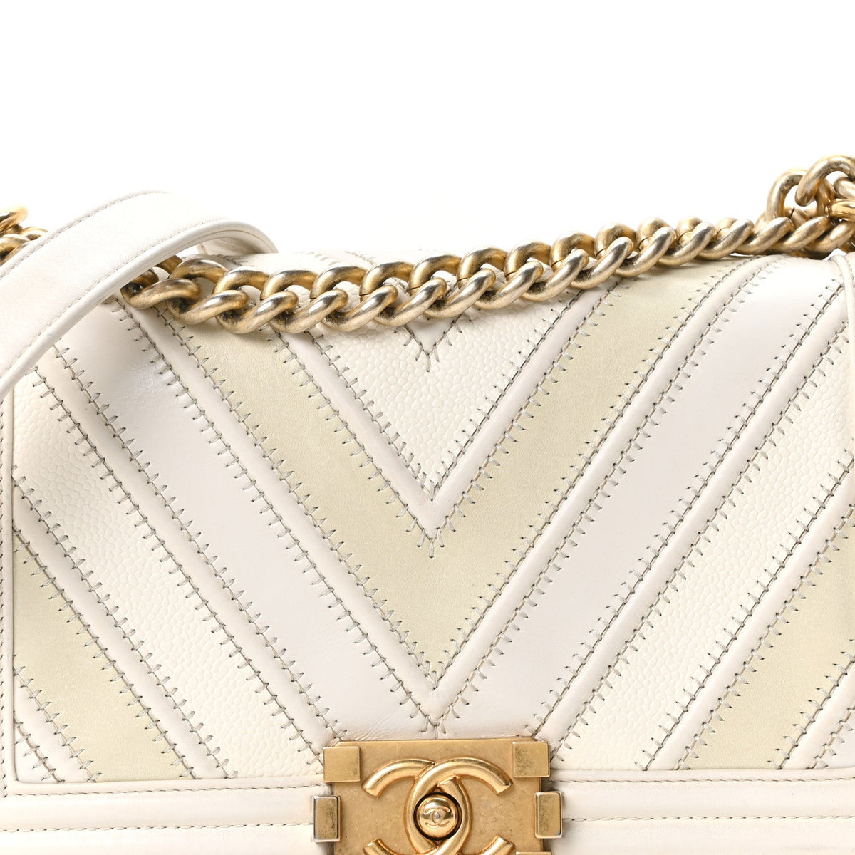 Medium Calfskin Caviar Flap Shoulder Bag - White