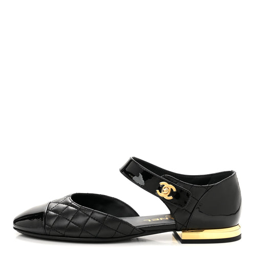 Patent Lambskin Quilted Cap Toe Ballerina Flats Black