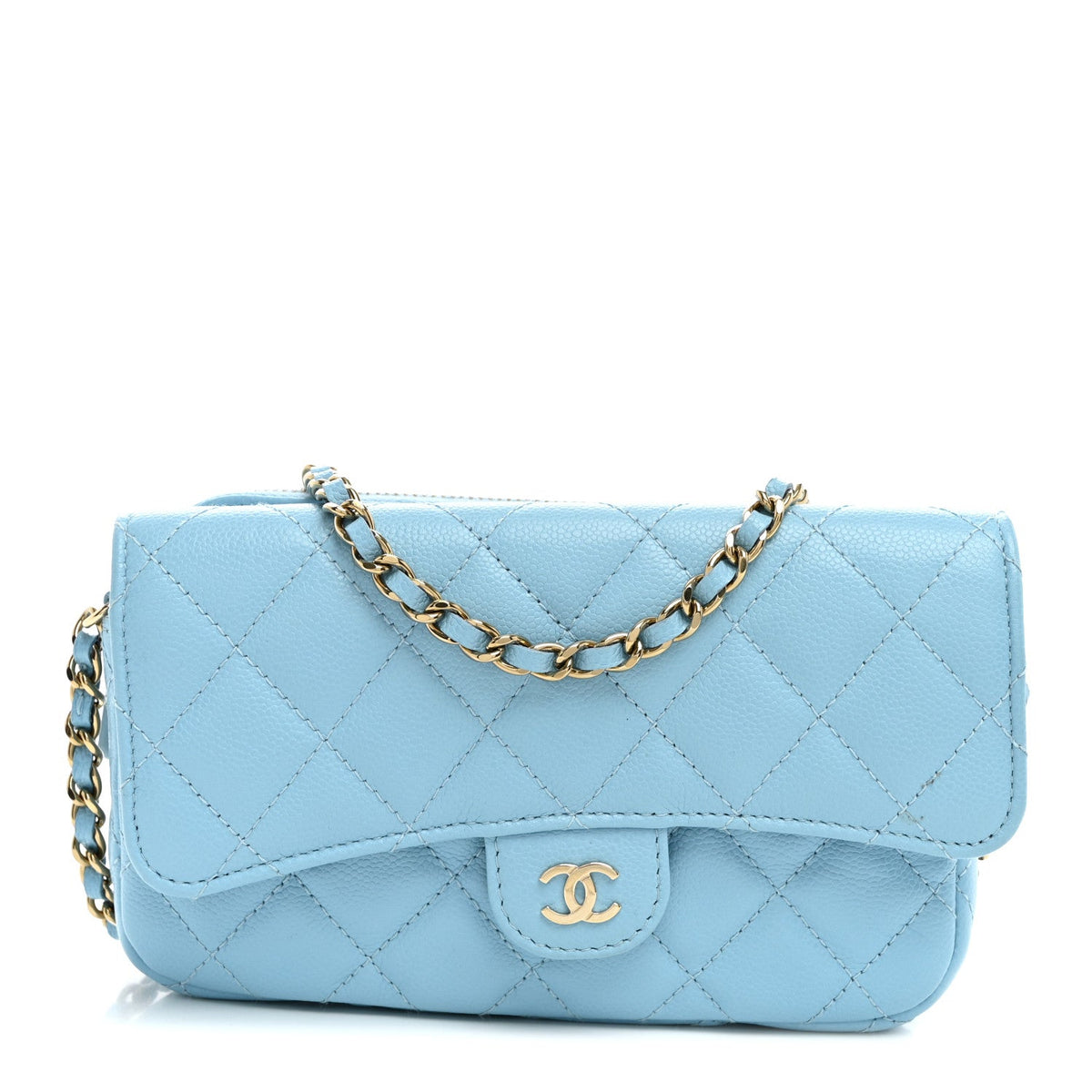 Quilted Caviar Flap Shoulder Bag - Light Blue