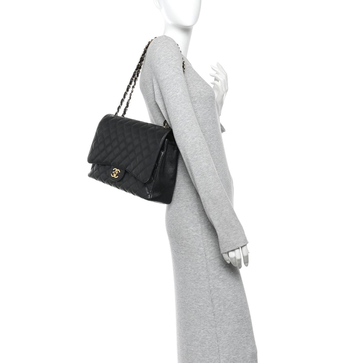 Maxi Quilted Caviar Flap Shoulder Bag - Black
