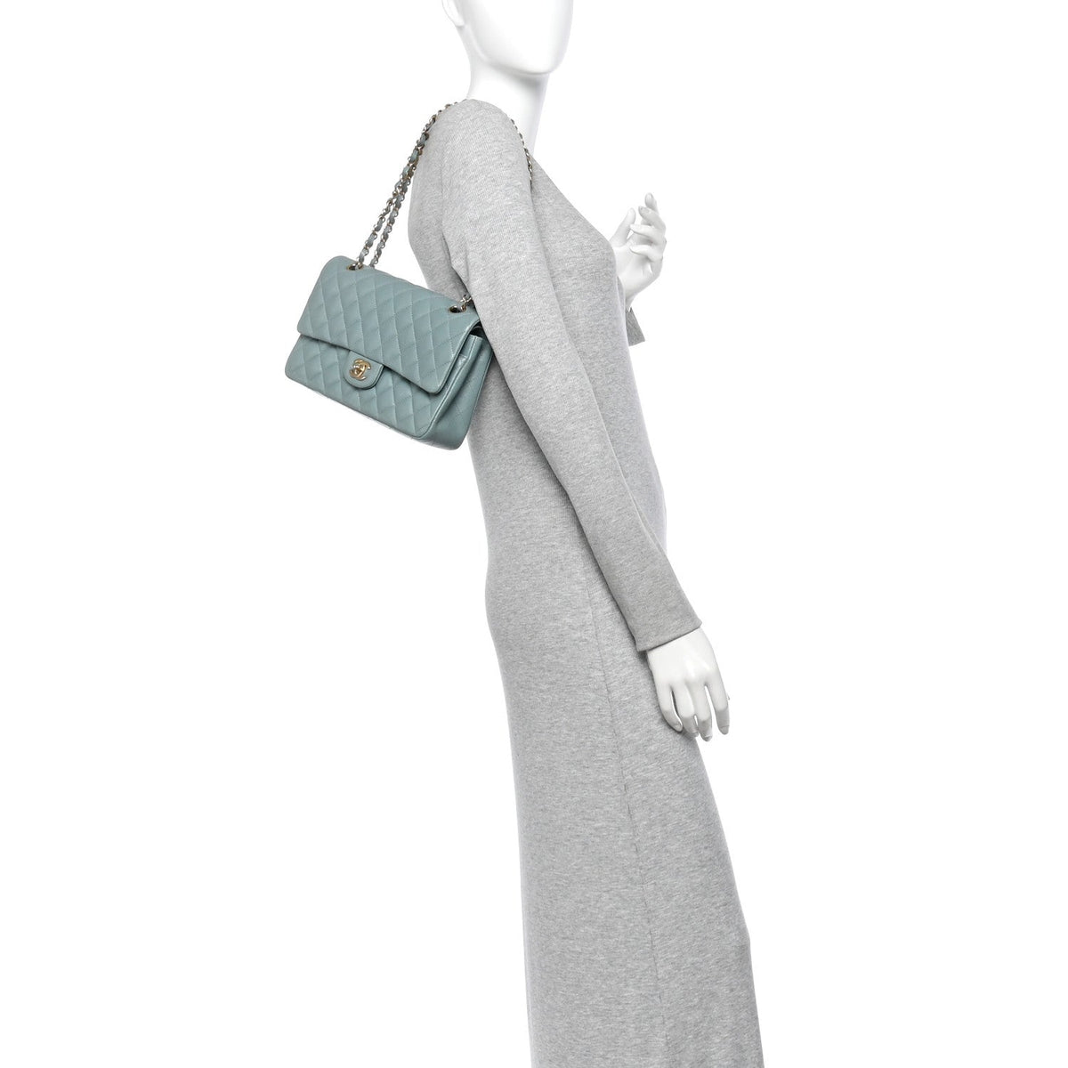 Medium Quilted Caviar Flap Shoulder Bag - Light Blue