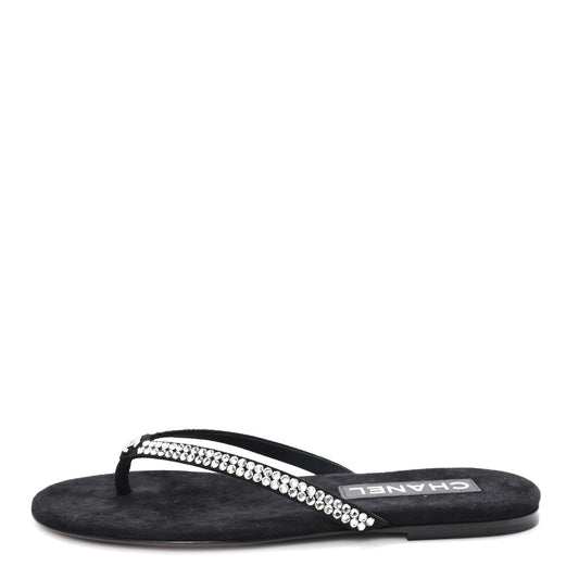 Suede Kidskin Strass CC Thong Sandals Black