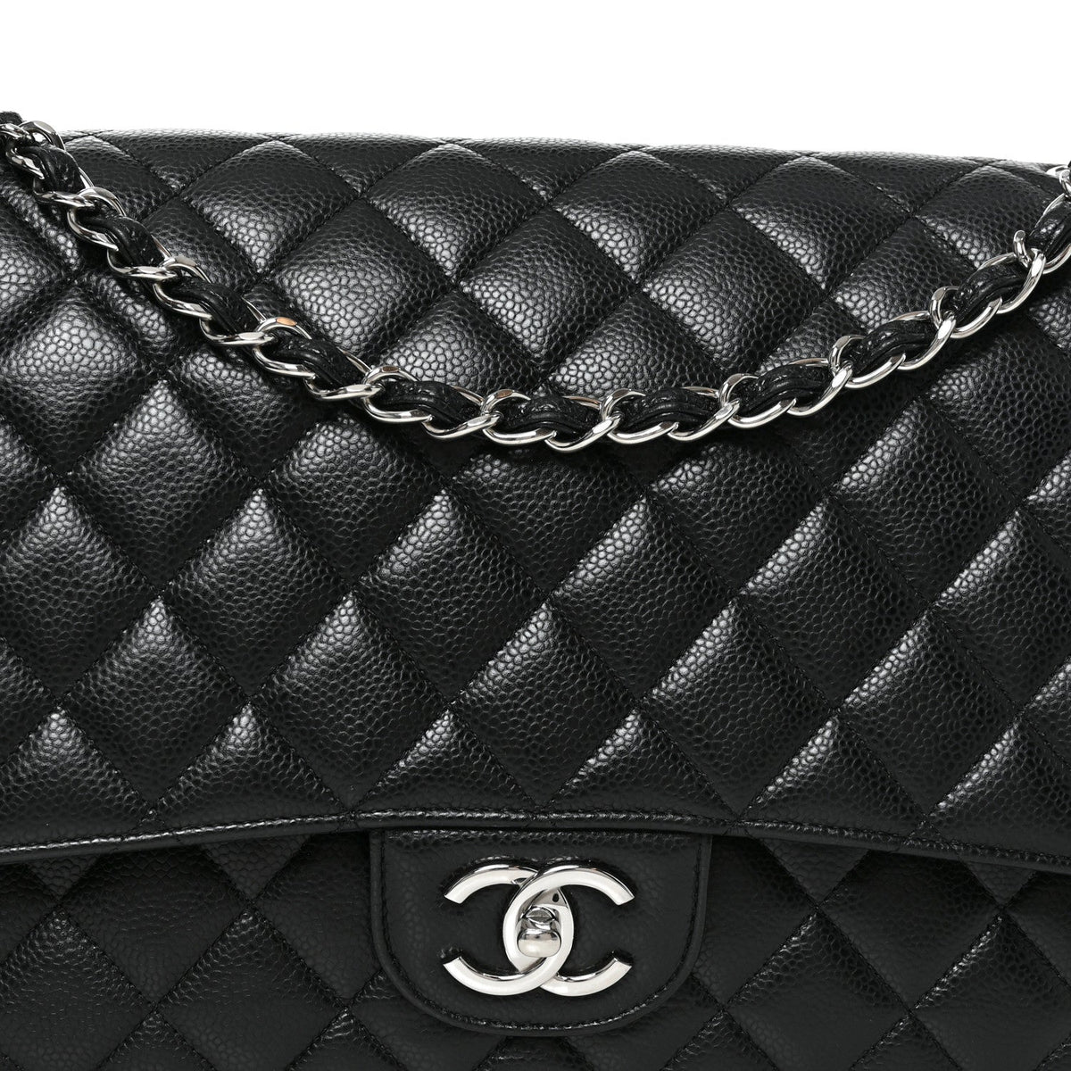 Maxi Quilted Caviar Flap Shoulder Bag - Black