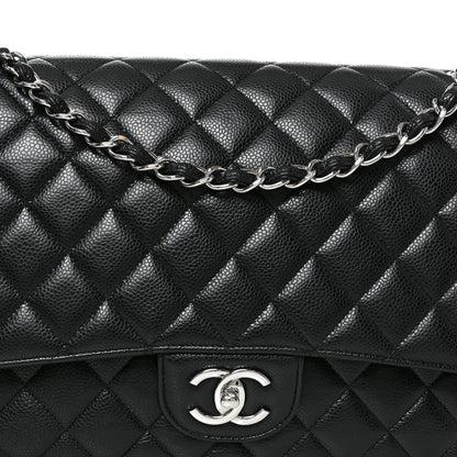 Maxi Quilted Caviar Flap Shoulder Bag - Black