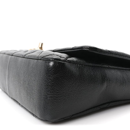 Large Quilted Caviar Flap Shoulder Bag - Black
