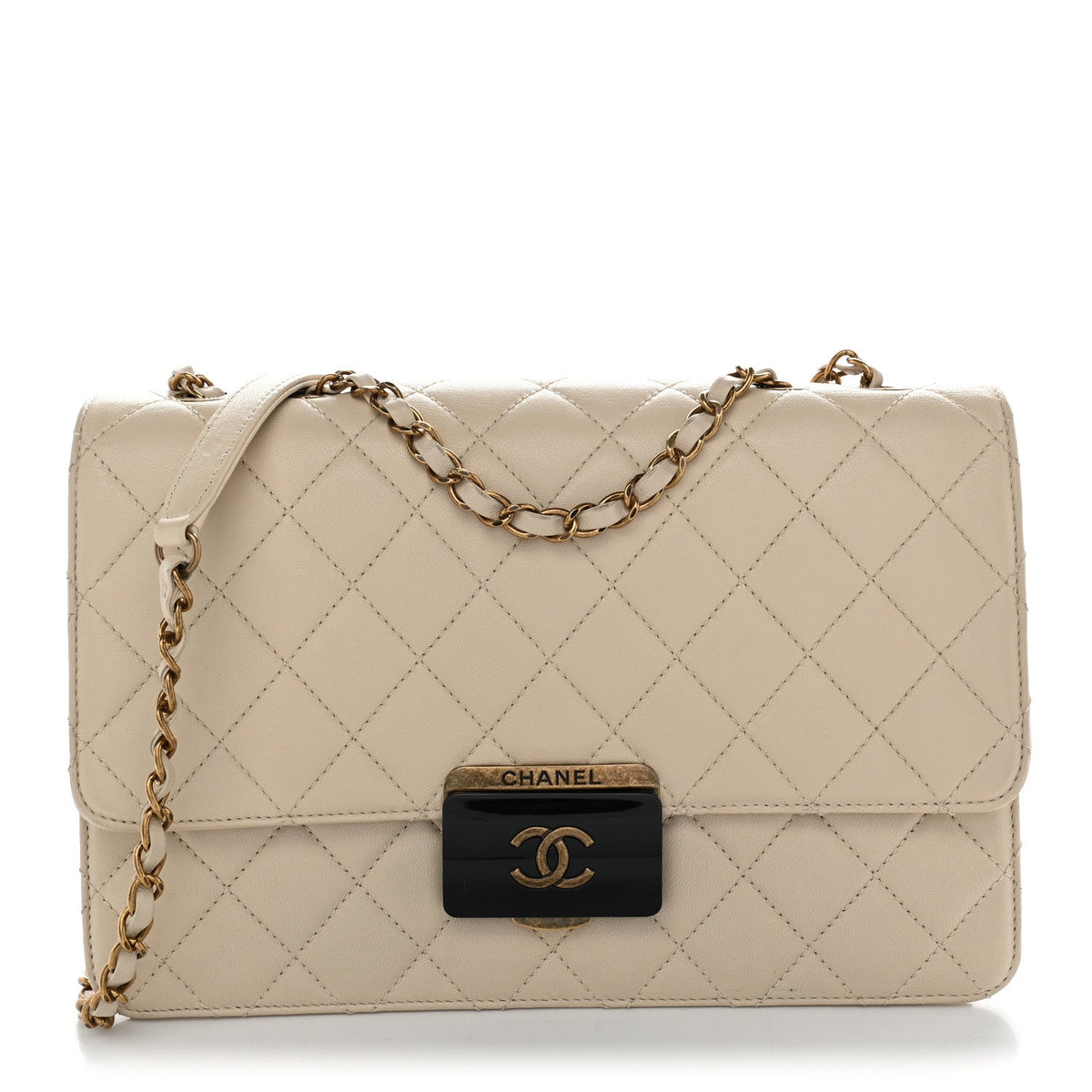 Large Quilted Sheepskin Flap Shoulder Bag - Beige