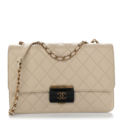 Large Quilted Sheepskin Flap Shoulder Bag - Beige