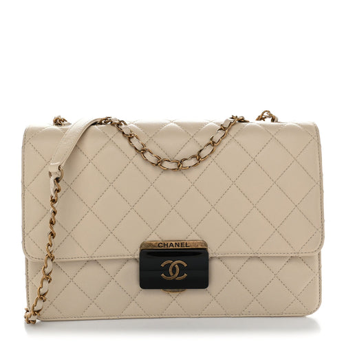 Large Quilted Sheepskin Flap Shoulder Bag - Beige