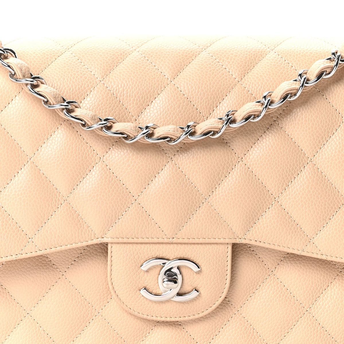 Quilted Caviar Flap Shoulder Bag - Beige