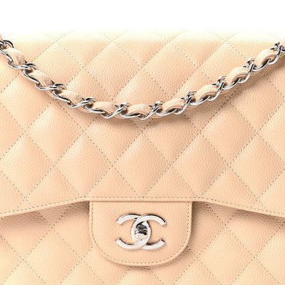 Quilted Caviar Flap Shoulder Bag - Beige