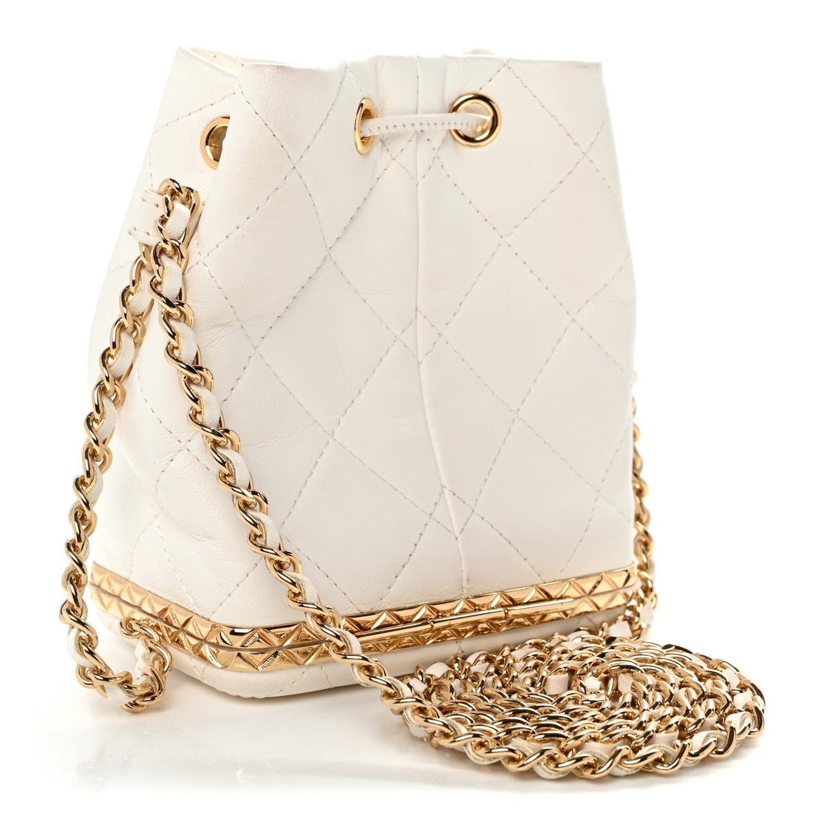 Small Quilted Lambskin Bucket Bag - White