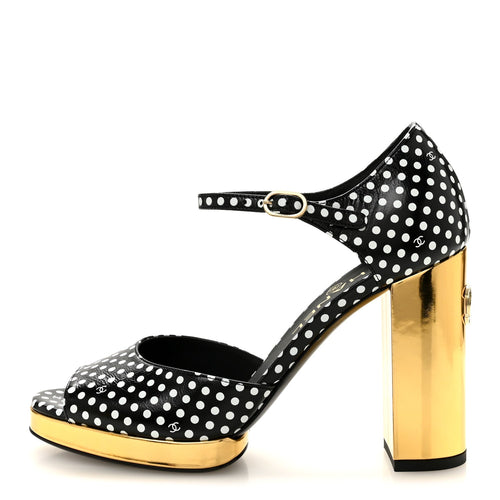 Printed Calfskin Polka Dot CC Platform Sandals Black White