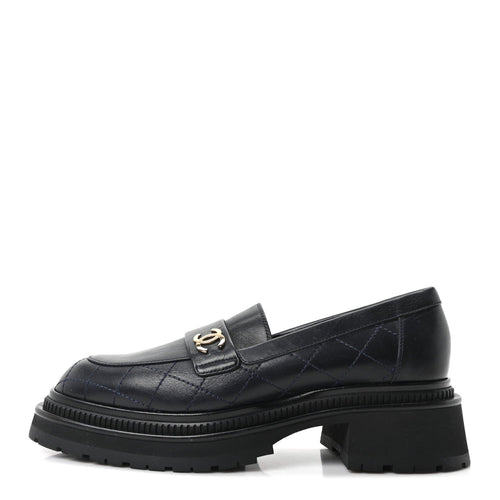 Calfskin Quilted CC Mocassin Loafers Navy Blue