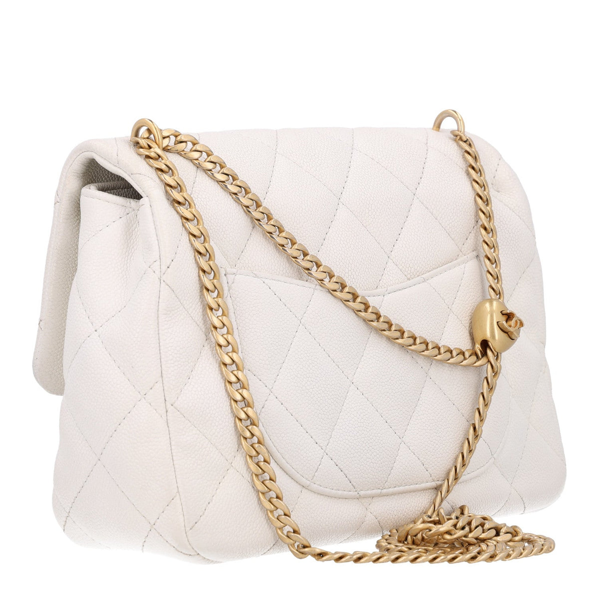 Quilted Caviar Flap Shoulder Bag - White