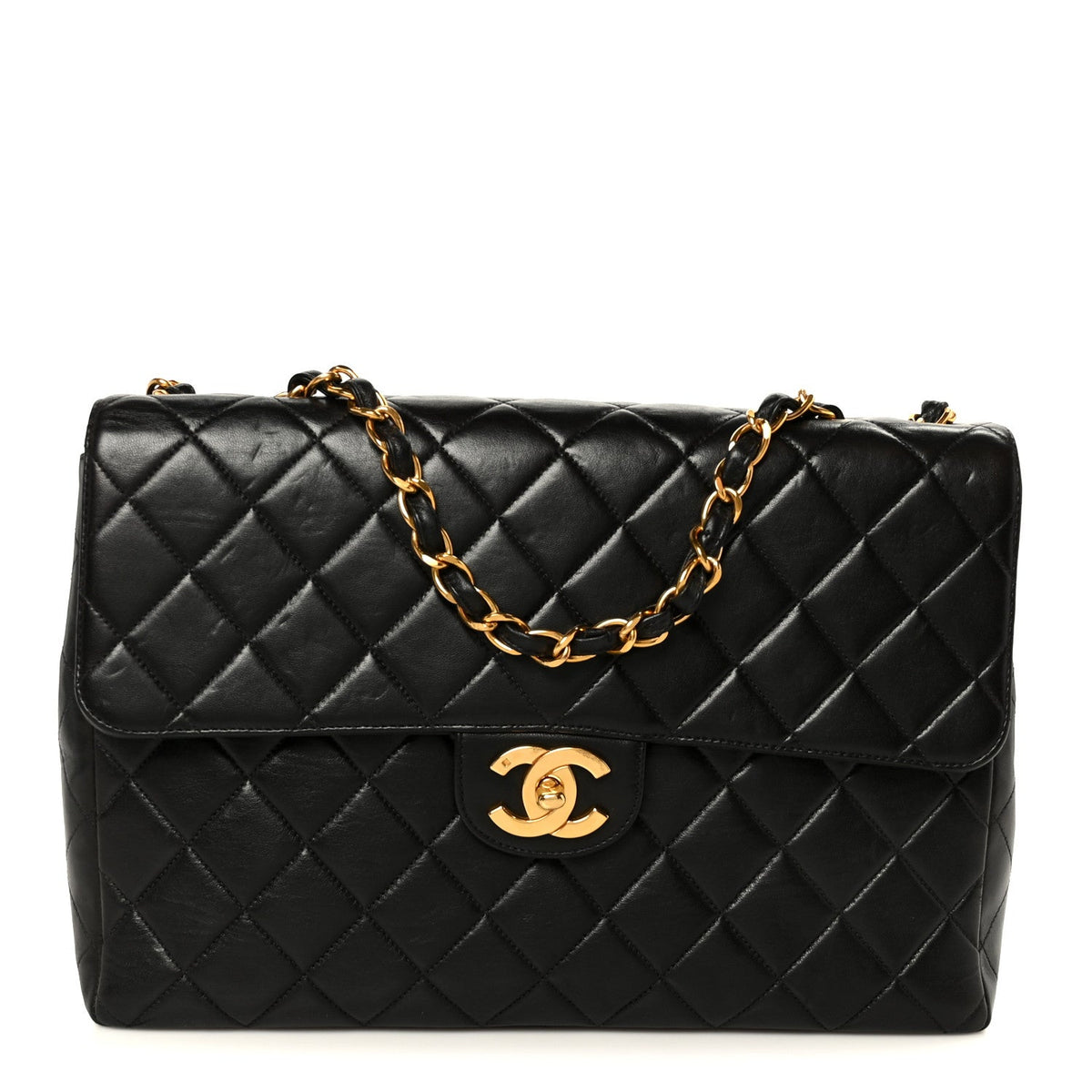 Quilted Lambskin Flap Shoulder Bag - Black