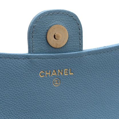 Quilted Caviar Flap Shoulder Bag - Light Blue