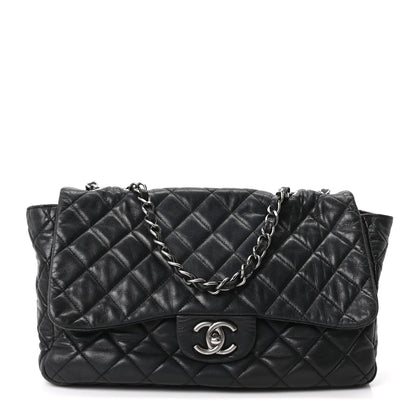 Quilted Lambskin Flap Shoulder Bag - Black