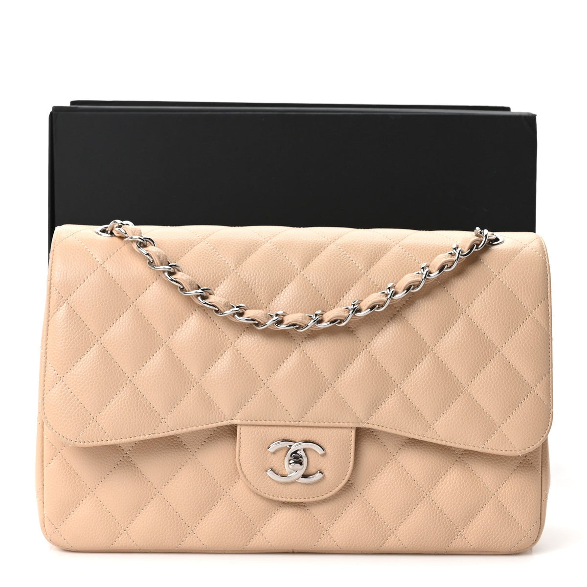Quilted Caviar Flap Shoulder Bag - Beige