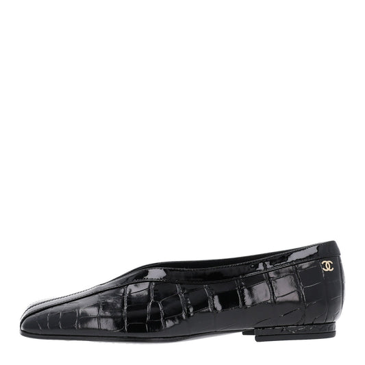 Patent Calfskin Crocodile Embossed Ballet Flats Black