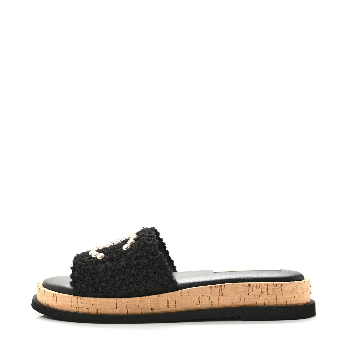 Fabric Pearl Cork CC Slip On Sandals Black