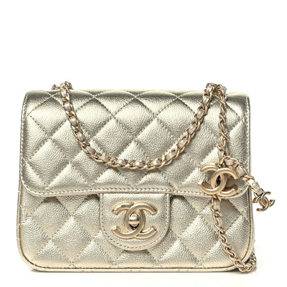 Mini Quilted Caviar Flap Shoulder Bag - Gold
