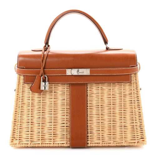 Wicker Barenia Picnic Kelly 35 Naturel F Handbag