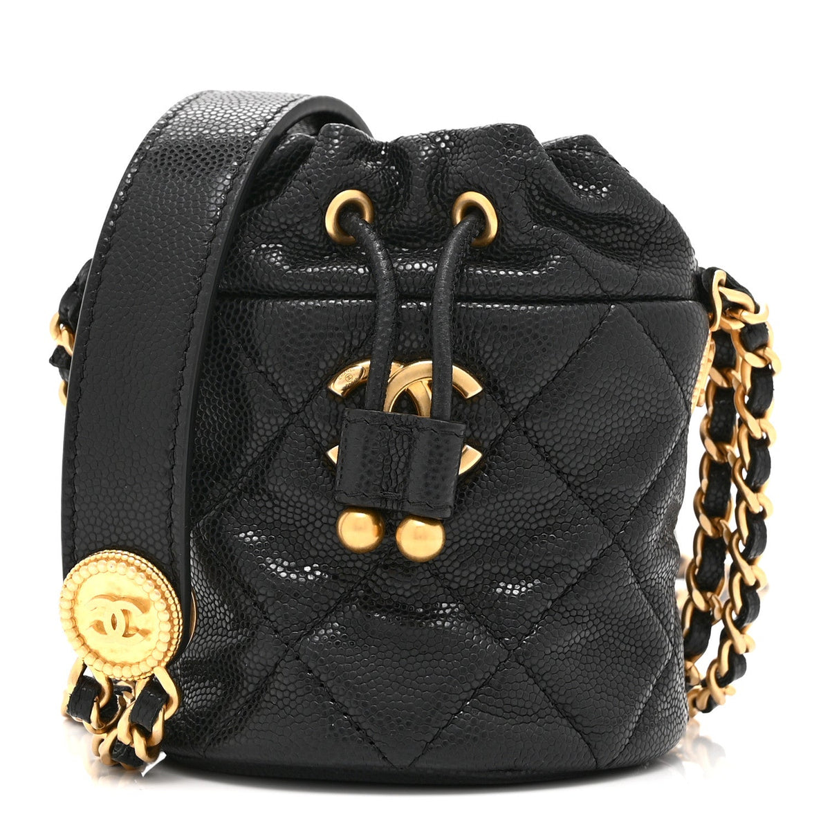 Mini Quilted Caviar Bucket Bag - Black