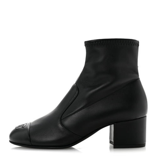 Stretch Lambskin Cap Toe CC Uniform Short Boots Black