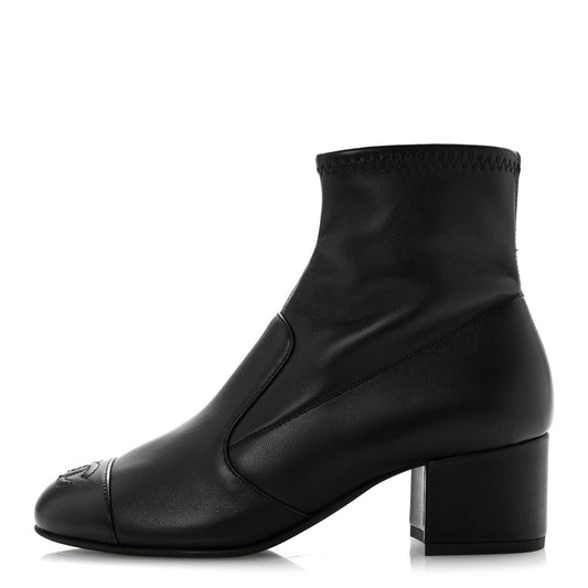 Stretch Lambskin Cap Toe CC Uniform Short Boots Black