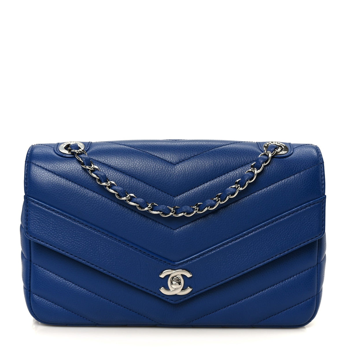 Quilted Caviar Flap Shoulder Bag - Blue