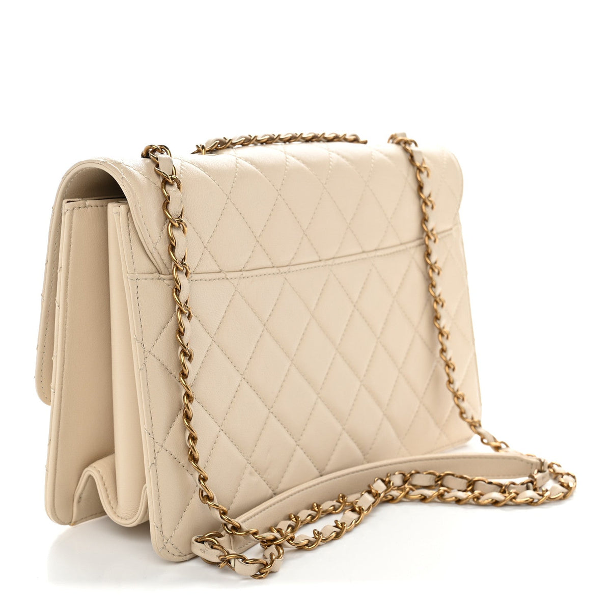 Large Quilted Sheepskin Flap Shoulder Bag - Beige