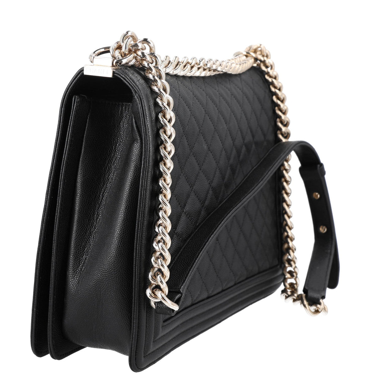 Large Quilted Caviar Flap Shoulder Bag - Black