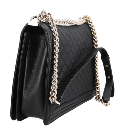 Large Quilted Caviar Flap Shoulder Bag - Black